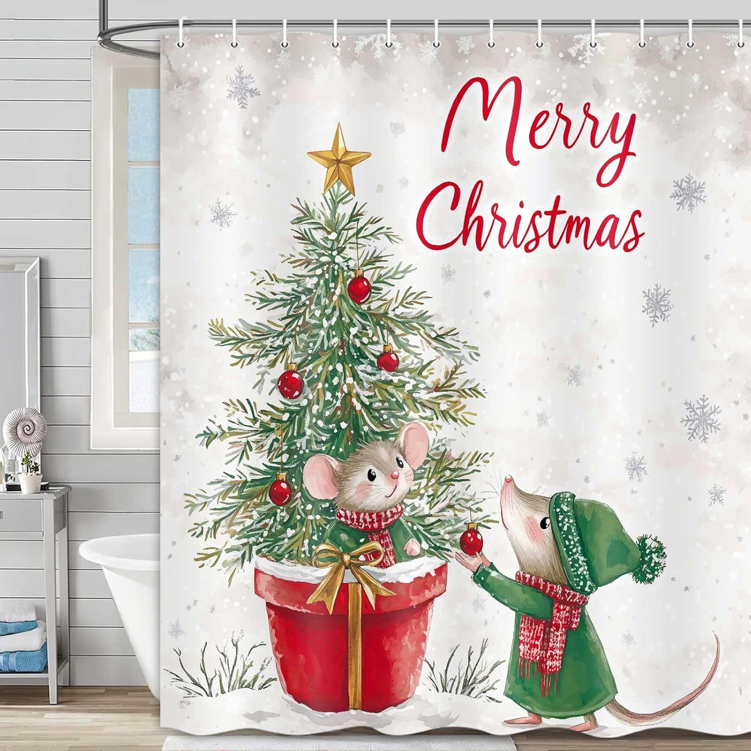 

Christmas Shower Curtains Merry Xmas Green Christmas Tree Winter White Snow Gold Stars Red Scarf Bathroom Shower Curtain Xmas W60H190(CM)-1 Pcs