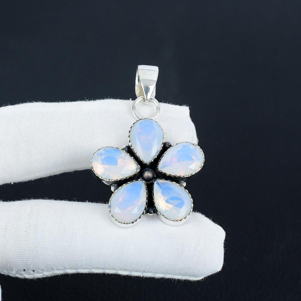 Dainty Milky Opal Gemstone Silver Pendant In 925 Sterling Silver - Handmade Flower Design, Everyday Wear Jewelry Birthday Gift