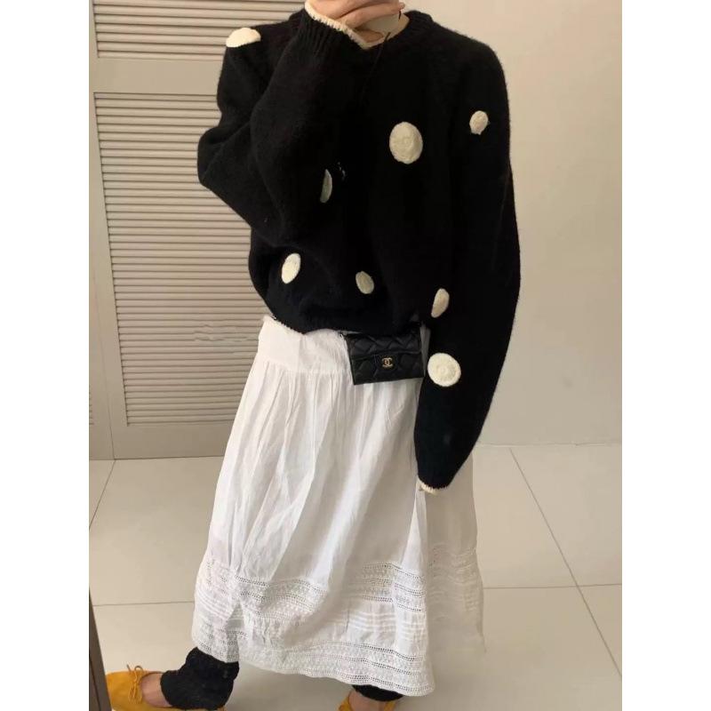Women's Retro Polka Dot Fluffy Knit Sweater with Stand-Up Collar - Slimming Autumn/Winter Top