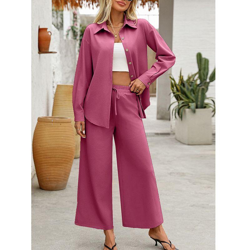Fashion Fall Lapels Single Breasted Solid Color Loose Long Sleeves Cardigan Shirt Elastic Waist Pants Casual Two-Piece Suit