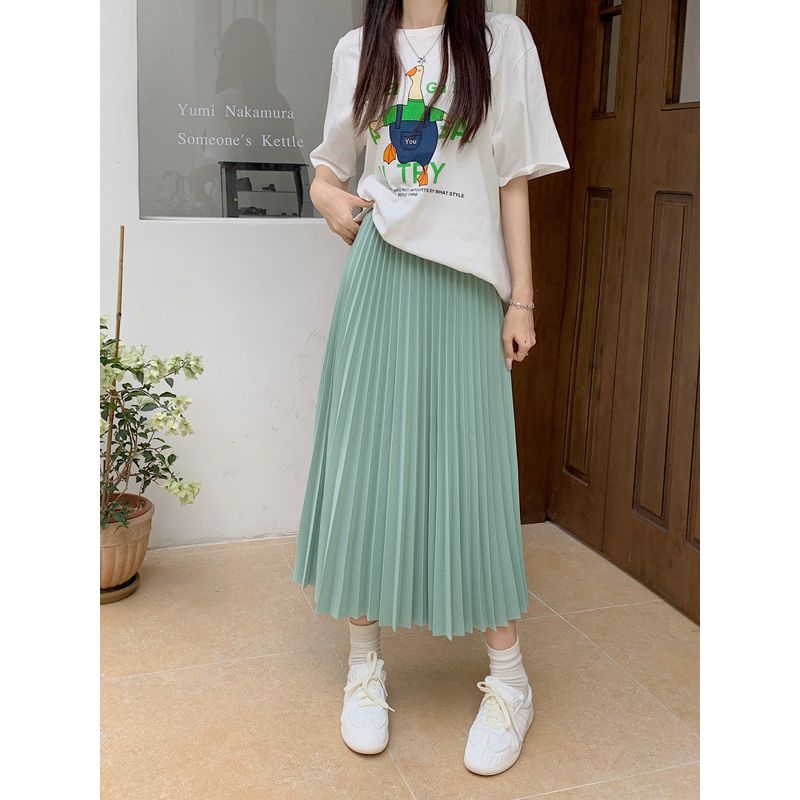 

Solid Color Elastic Waist Pleated Skirt Women Solid Elastic Waist Skirt Bean Green One size