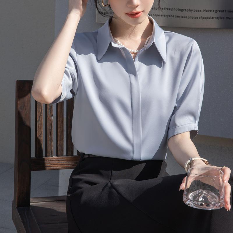 GMXIA Women's Blue Shirt Female Short-sleeved Summer Thin Professional Temperament Medium-sleeved Anti-wrinkle Non-iron Blouse Tops