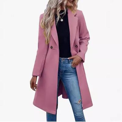 Autumn and Winter Long Woolen Women's Coat with Waist Lace-up and Double-breasted Jacket