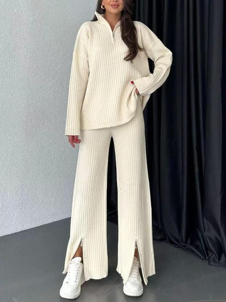 2025 European & American Fall Ribbed Knit Zipper Homewear Two-Piece Set