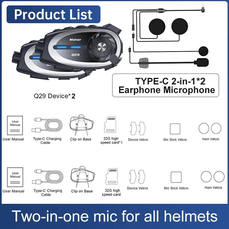 Q29 Motorcycle Helmet Bluetooth Headset For 2 Riders intercommunicator 300M 1080P HD Wireless Camera and WiFi Video Recorder