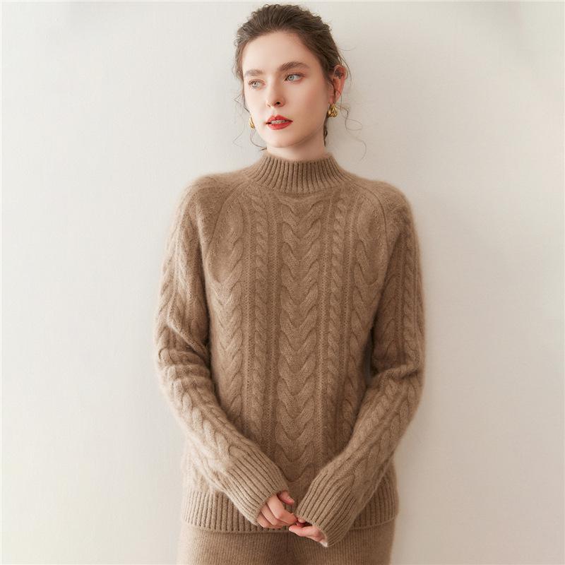 Women's Retro Cable Knit High-Neck Cashmere Sweater: Thickened, Slimming Pullover with Twisted Pattern, Perfect for Autumn and Winter.