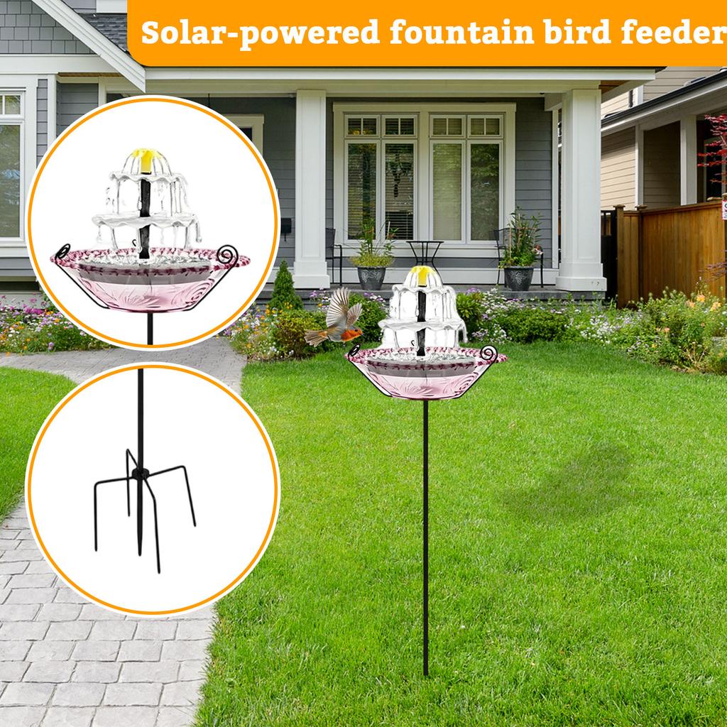 Outdoor Solar Powered Fountain Bird Feeder Glass Bird Bath with Metal Stand Upgraded Water Spray System for Garden Landscape Water Feature