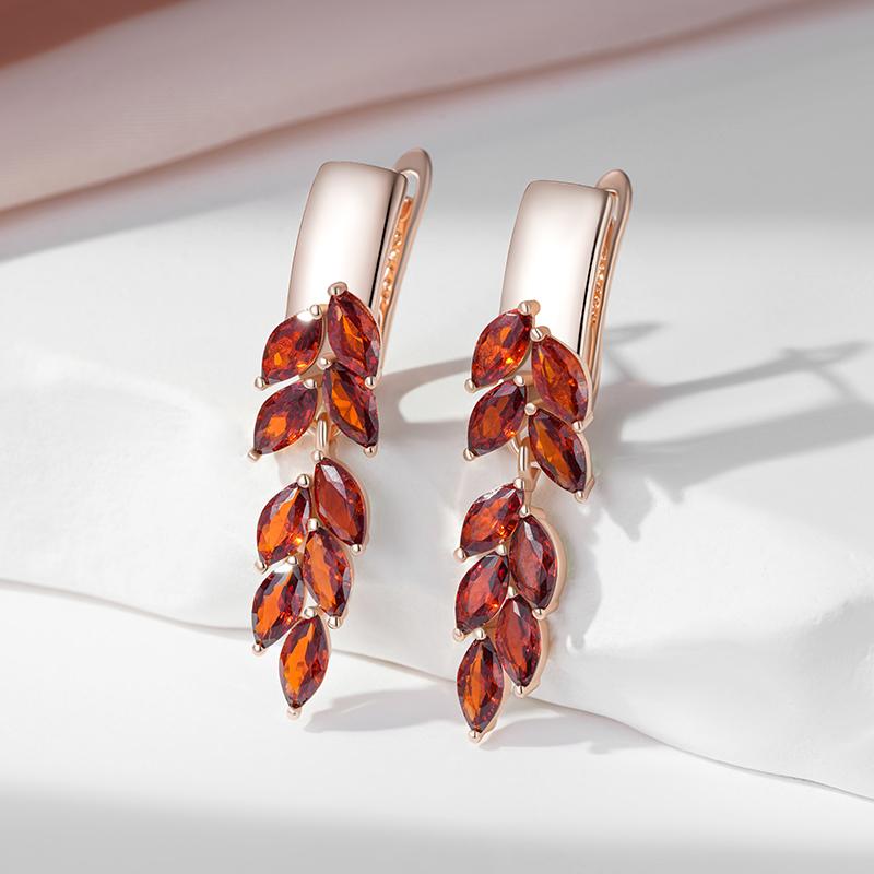Brincos Pendentes de Folha com Zircônia Vermelha Cor Ouro Rosa Gancho Britânico Brincos de Luxo Para Mulheres Presente
