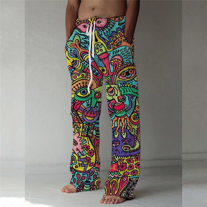 Vintage 3D Digital Printing Loose Trousers Men Drawstring Waist Casual Linen Pants Fashion Streetwear Long Pant for Male