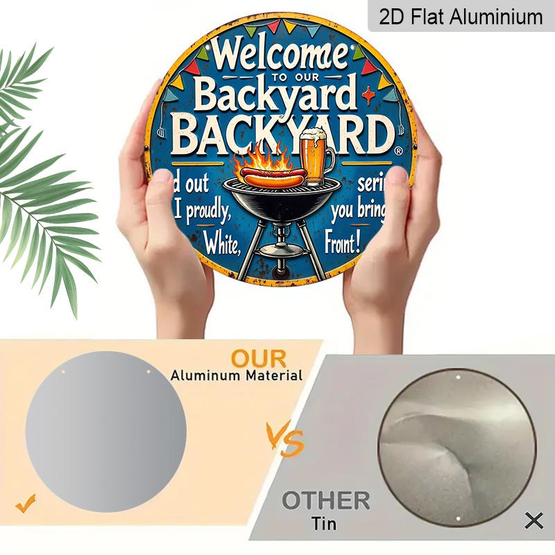 2D Flat, 1pc 7.87" Round Aluminum Sign with "Barbecue Party Beer Garden" Vintage Decorative Plaque, Yard BBQ Beer Theme Aluminum 2D Decoration Plate