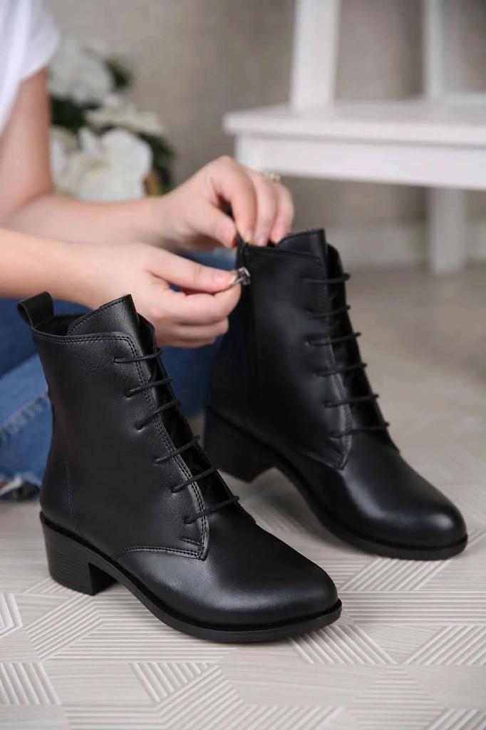 Women Modern Stylish Fashion Women Black Zipper Lace Up Low Heel Round Toe Boots