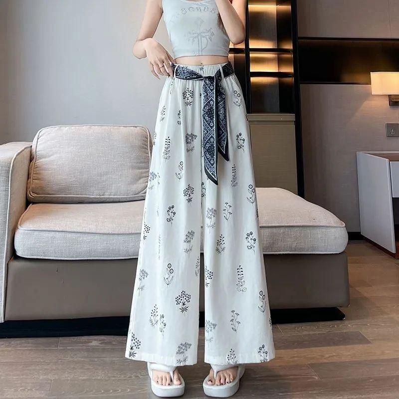 Women's Ethnic Style High-Waist Ice Silk Wide-Leg Cropped Trousers - Summer Slimming Print