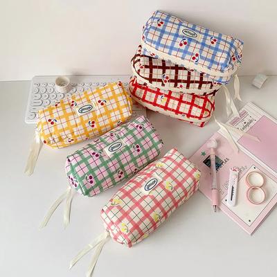 Large Capacity Y2K Cherry Pencil Case Cosmetics Storage Handheld Stationery Storage Bag Checkered Cartoon Cherry Zipper