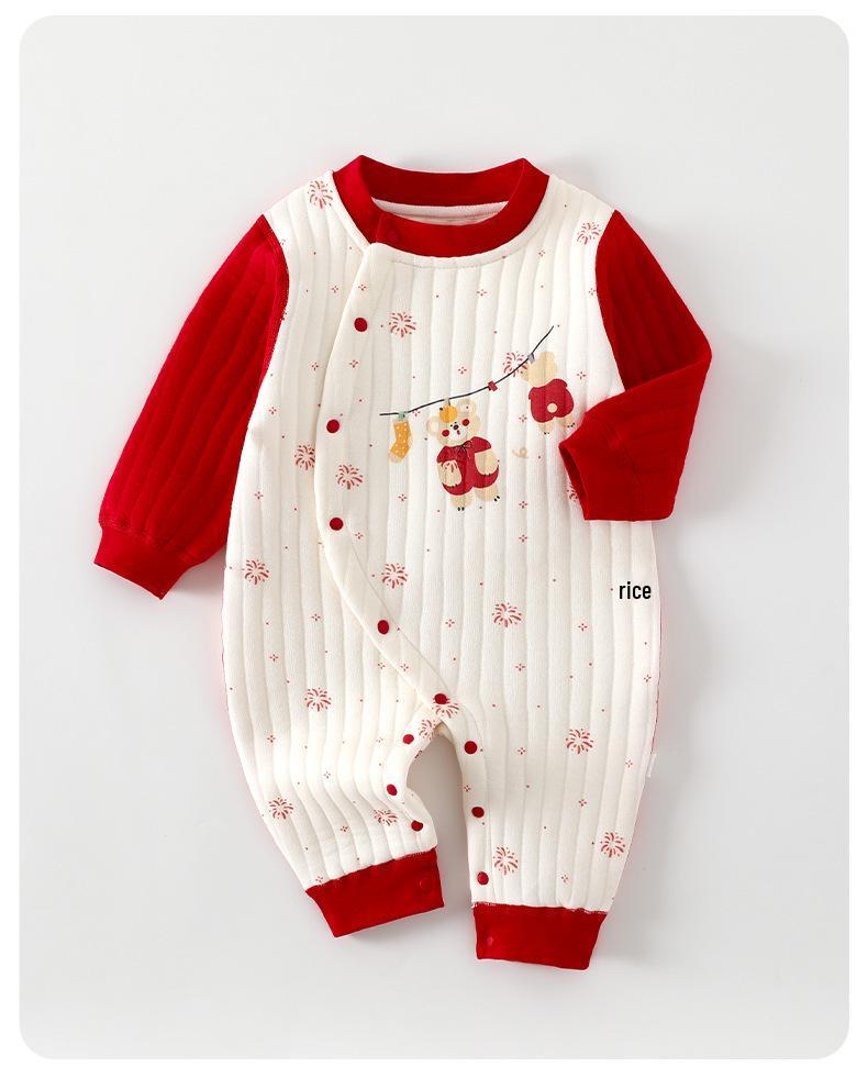 Unisex Newborn Romper: Red Three-Layer Quilted, Warm for Autumn/Winter, Perfect for Chinese New Year, Class A Quality