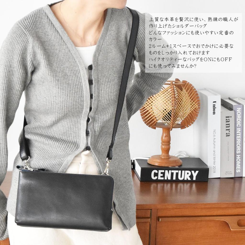 7645-OK Hergestellt in Japan Echte Leder Umhängetasche für Damen, Geldbörse aus Rindsleder mit Doppelreißverschluss, Praktische Aufbewahrung, Beliebt, Einfach zu bedienen,