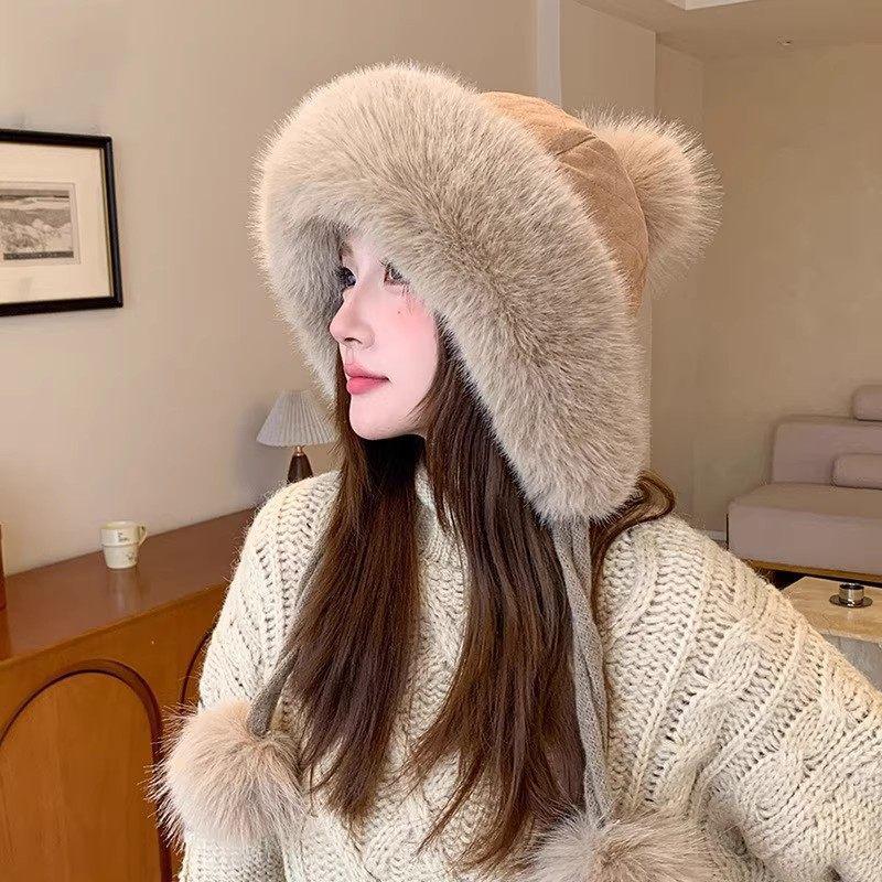 Winter Cold and Warm Hat Women's Fashion Versatile Hairball Lei Feng Hat Fleece Ear Protector Small Pullover Hat
