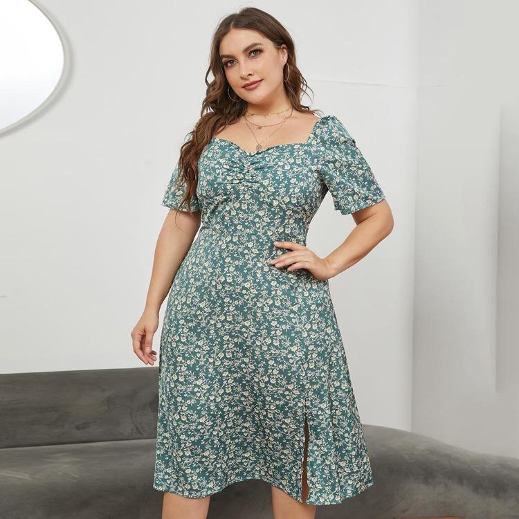 Plus Size Women Summer Floral Long Dress French Square Neck Waist Slit XL To 5XL