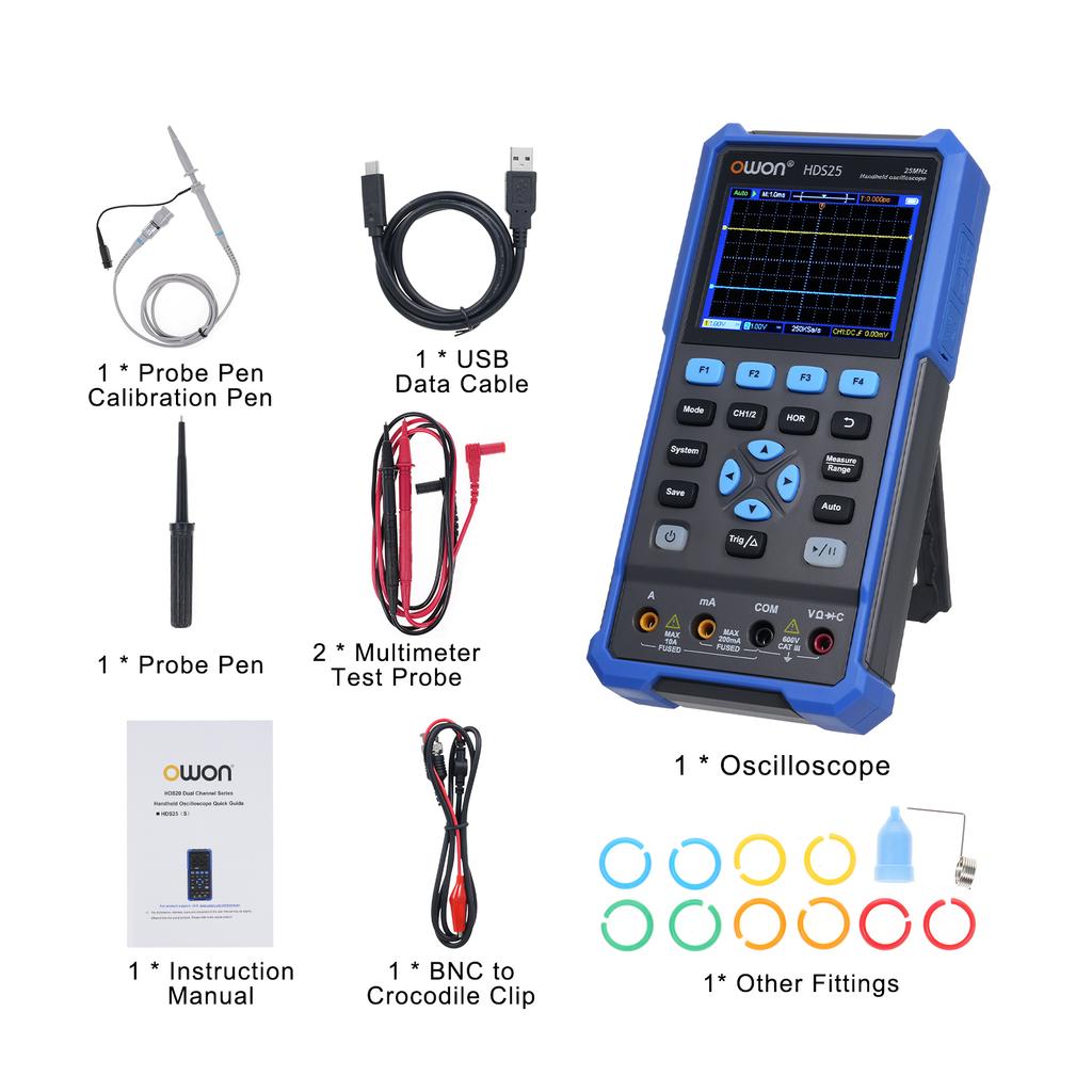2in1 Oscilloscope Multimeter Dual Channel 25MHz Bandwidth Handheld Portable Oscilloscope 10,000 Wfms S 20,000 Counts