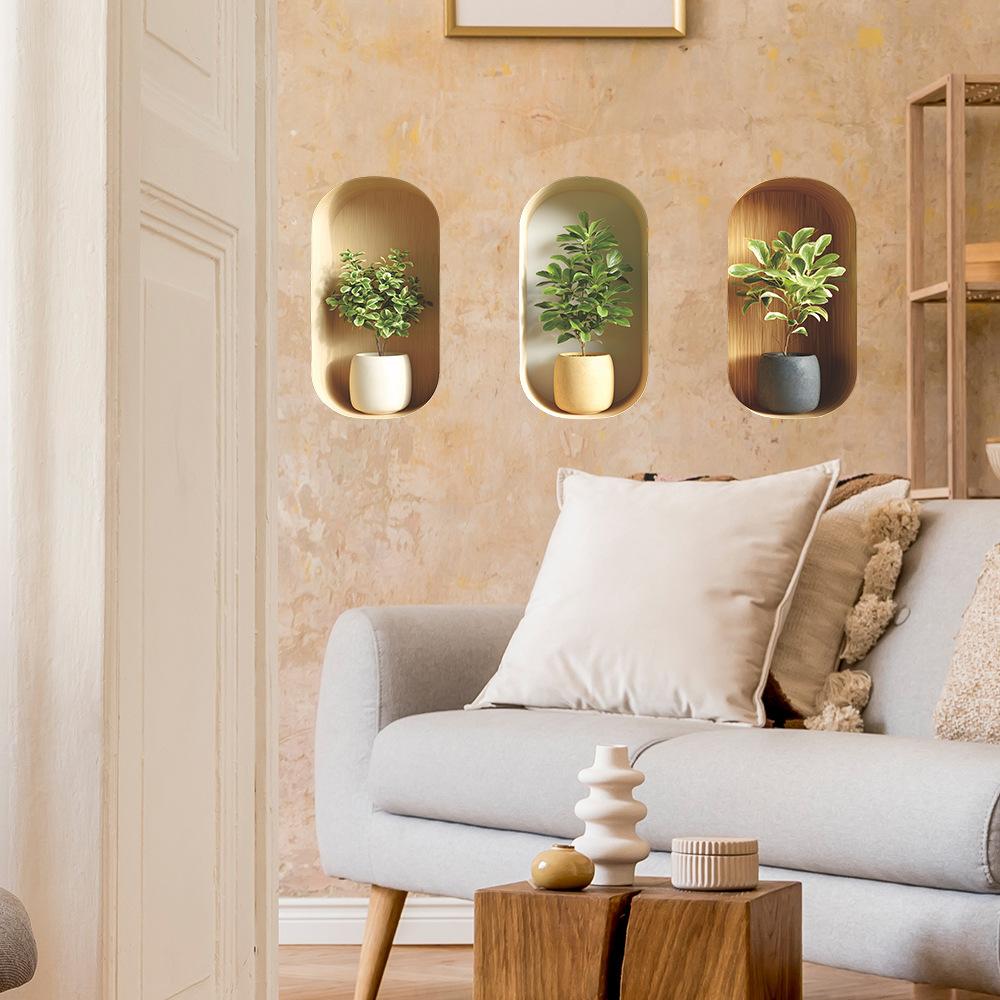 Elegant Green Plant Potted Plant Triptych, Entrance Hall, Dining Room Background, Wall Decoration Stickers