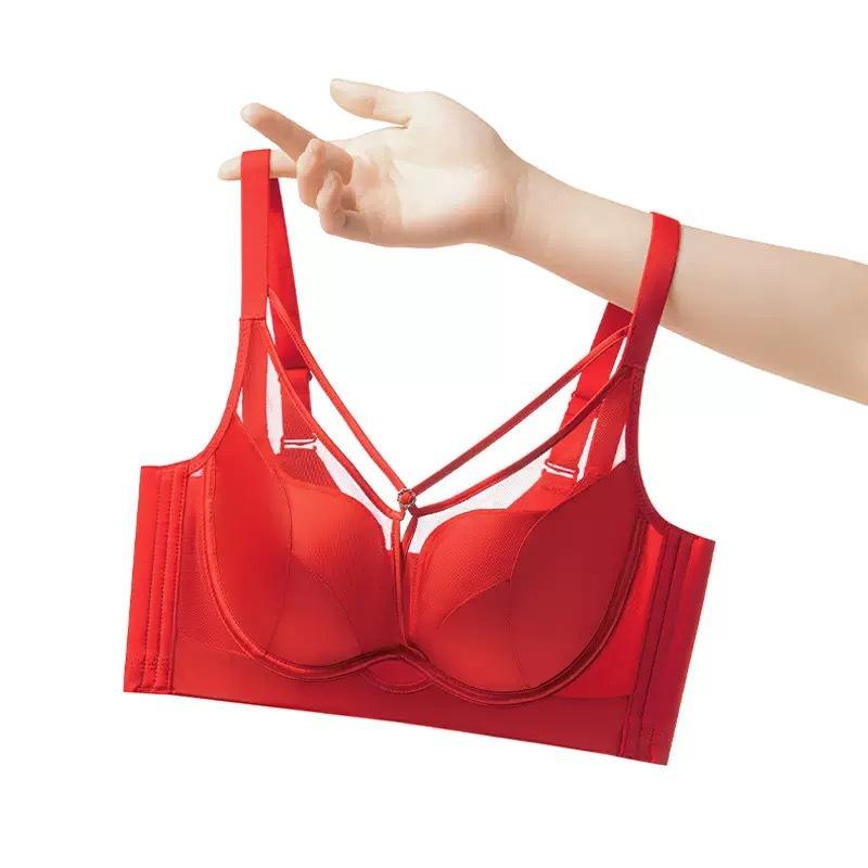 Core Oxygen Natal Year Red Underwear Women's Wedding High-end Light Luxury Satin Big Breasts Show Small Gathering Adjustment Bra Women