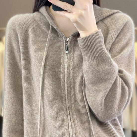 Pulover pentru femeie haină cu glugă cu șnur cu mânecă lungă, cu fermoar dublu, haină de tricotat, culoare solidă, îmbrăcăminte jacquard, largi