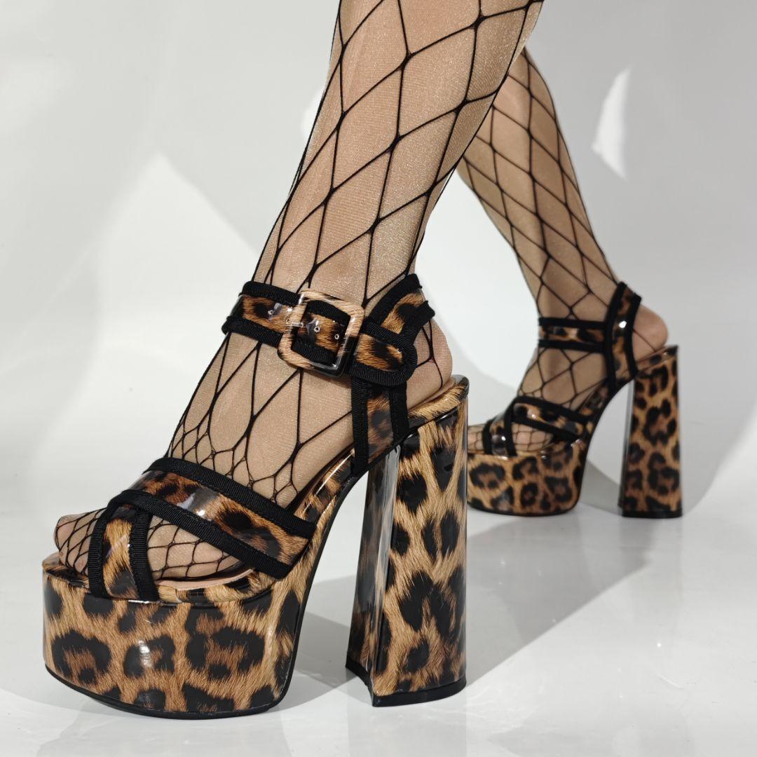 

Leopard Print Cross Straps Platform Women Sandals 2025 Summer New Slingback Chunky High Heels Ankle Buckle Open Toe Sandals 43