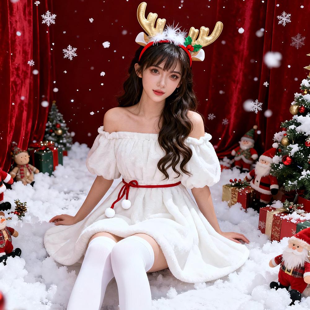 Kerst Rendier Gewei Witte Pluche Off-shoulder Jurk Set, Dames Vakantie Podiumkostuum (Jurk+Haarband+Halsversiering+Handschoenen+Riem)