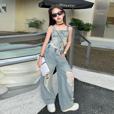 Fashion Girls Two-piece Summer Retro Denim Camisole Trousers
