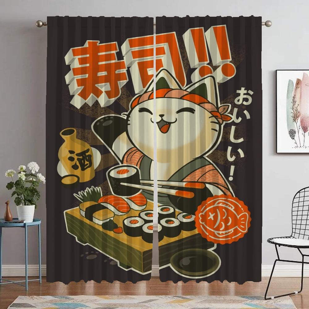 Kitchen Curtains for Camera Sushi Cat Home Interior Curtains for Living Room Halloween Decoration Blackout Curtain Partition