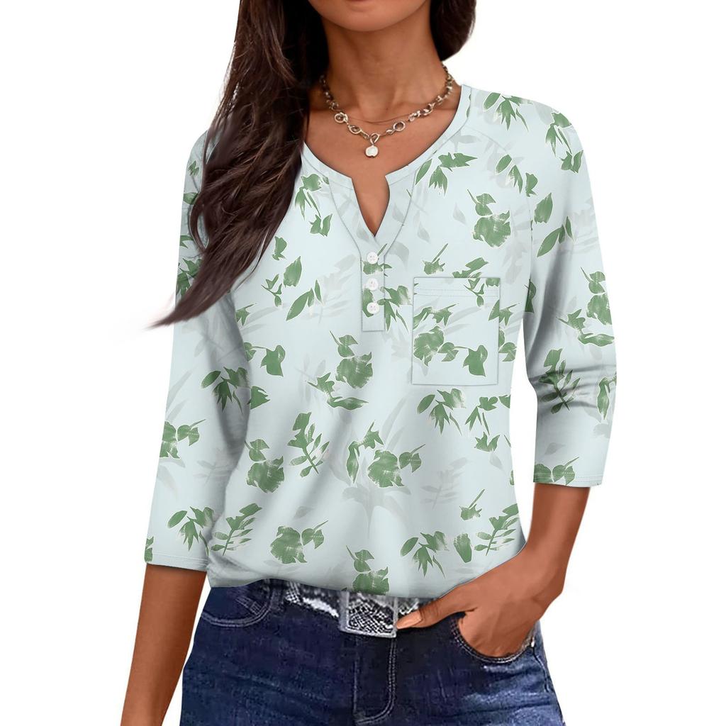Women's Casual Fashion V-neck Loose Versatile Floral Print Three-quarter Sleeves