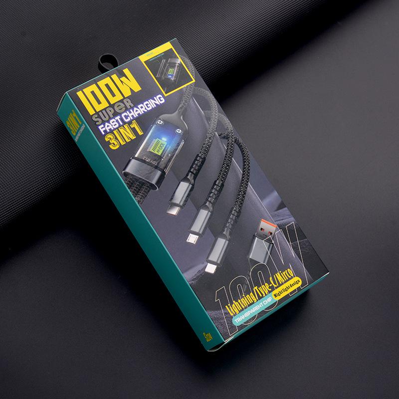 Jike 100W Transparent 3-in-1 Smart Flash Charging Cable