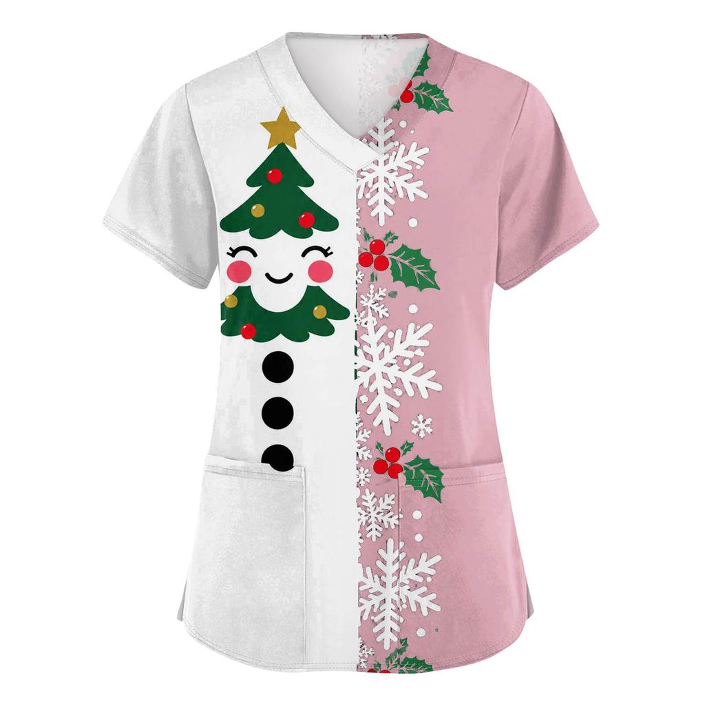 Women's V-Neck Short Sleeve Scrub Top with Christmas Print, Casual Caregiver Uniform