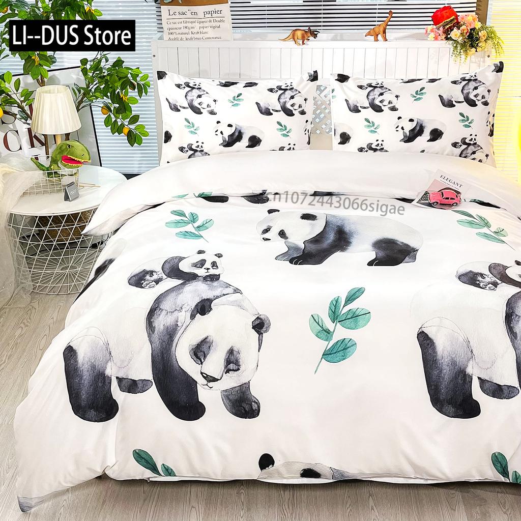 Kids Black Printed Cartoon Panda Beddings Cute Animal Pattern Teens Bedlinings 1 Duvet Cover Sets and 2 Pillowcases Full Size
