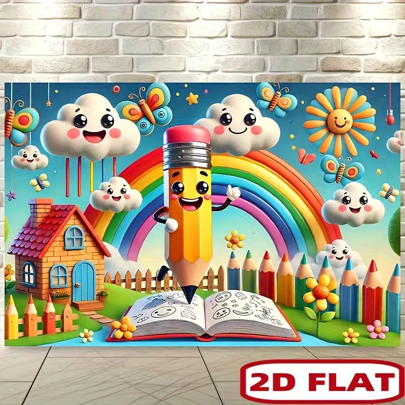 2D Cute Cartoon Cloud Pencil Backdrop for Preschool & Classroom Decoration
