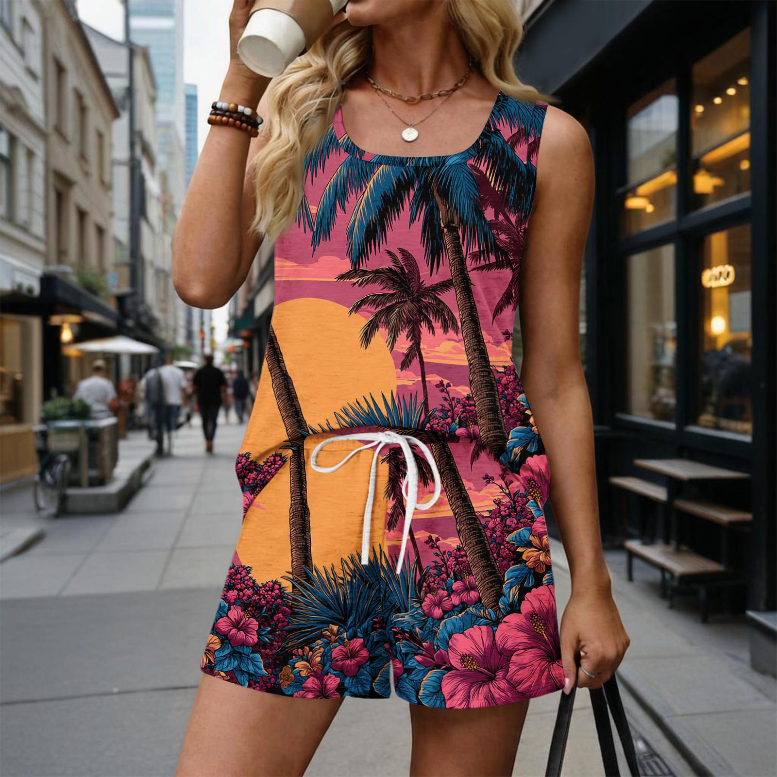 

Women s Summer Casual Shorts Two-Piece Set, Hawaiian Print Vest, Square Neck Sleeveless Sports Shirt with Pockets XXXL фіолетовий