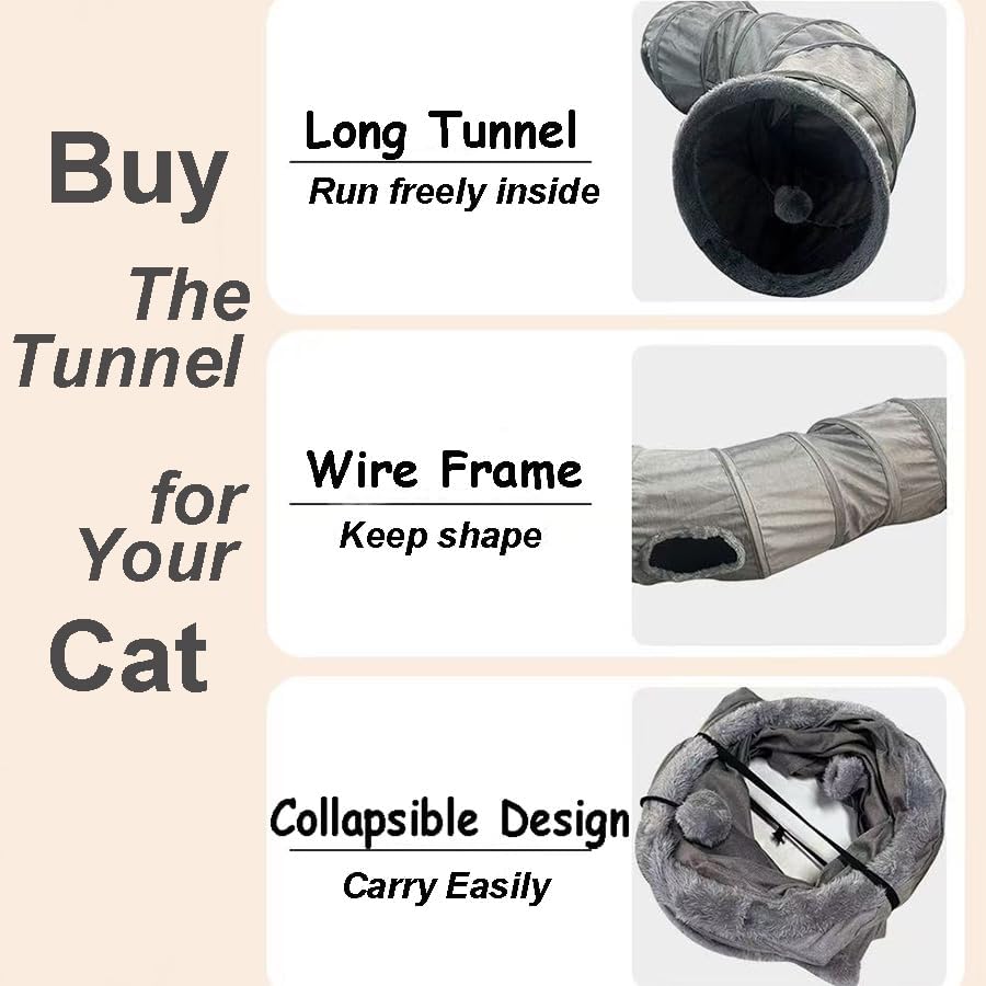 Cat Tunnel Tube Toy Kit Collapsible 2 Way Grey Plush, Pet Tunnels for Indoor Cats, Long Tubes for Puppy, Kitty, Kitten, Rabbit for Playtime &