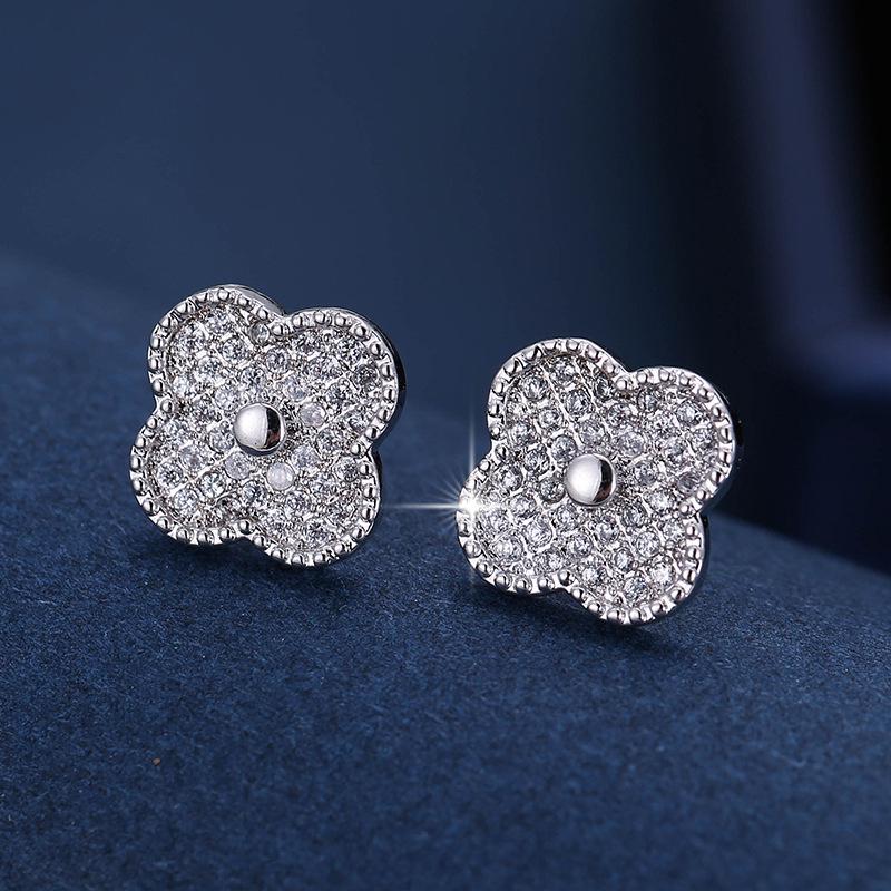 Micro Four-Leaf Clover Copper Needle Ear Studs with Rhinestones - Sweet, Girly Jewelry Niche Earrings In Stock