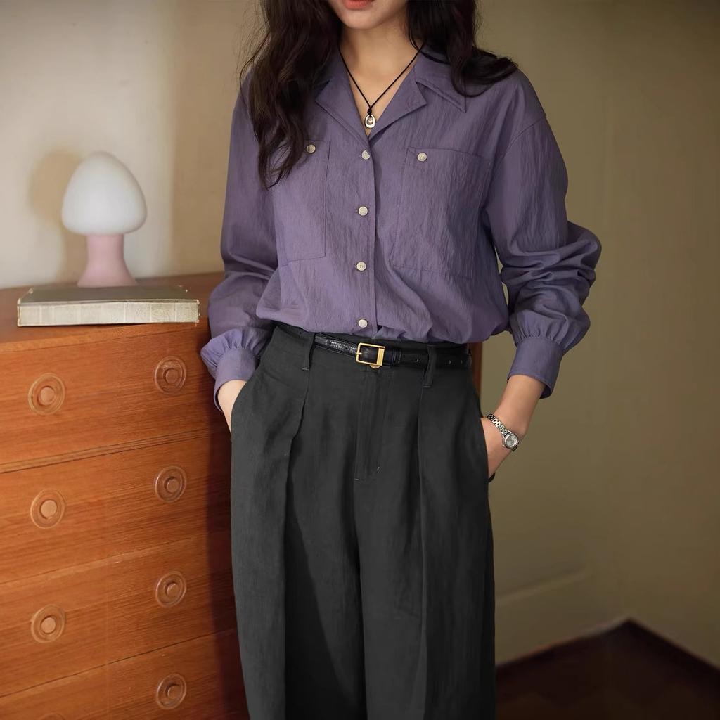 French retro Tencel Cuban collar loose long-sleeved shirt women's spring new products