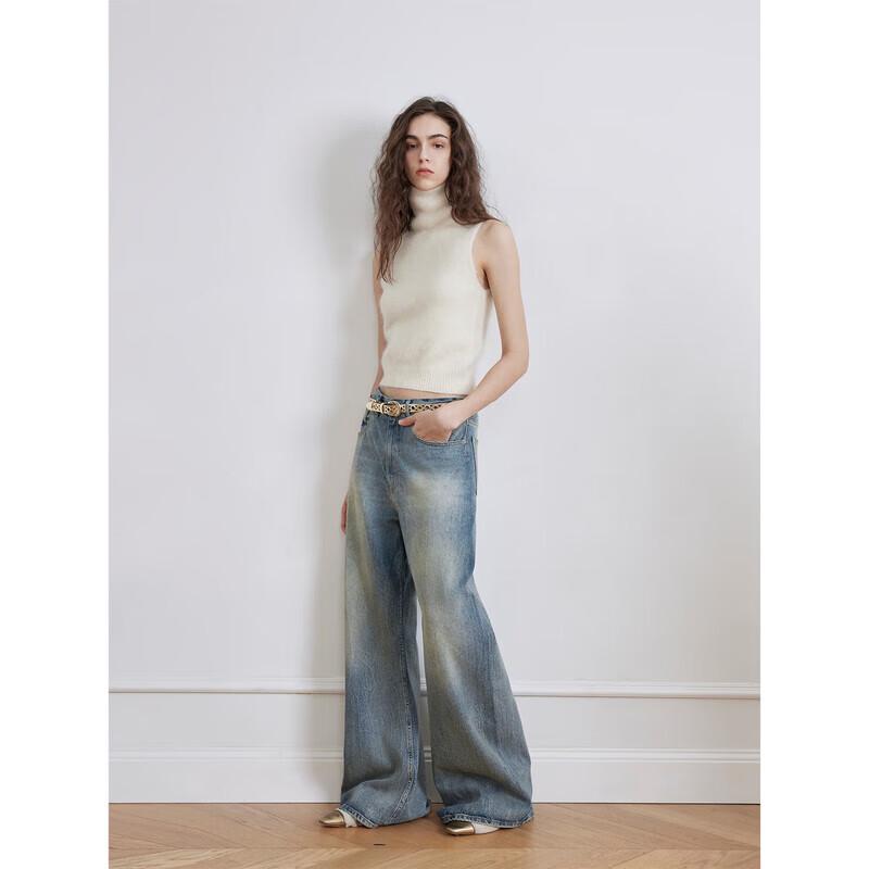 

Women s Retro Chic Washed Wrinkle Denim Wide-Leg Pants L