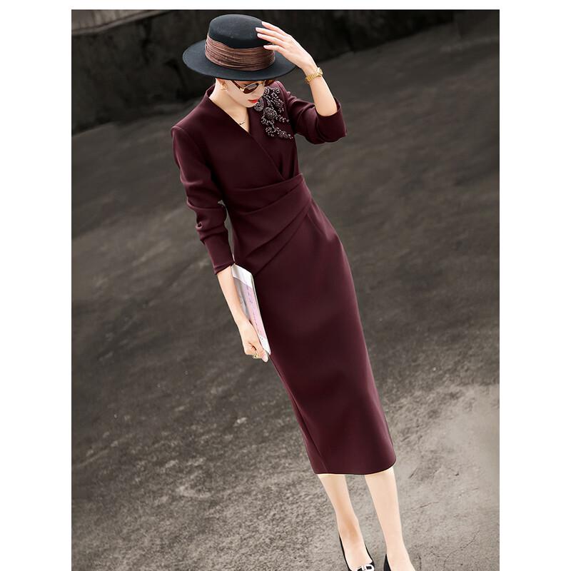 Lansere Elegant V-neck Pleated Midi Dress L