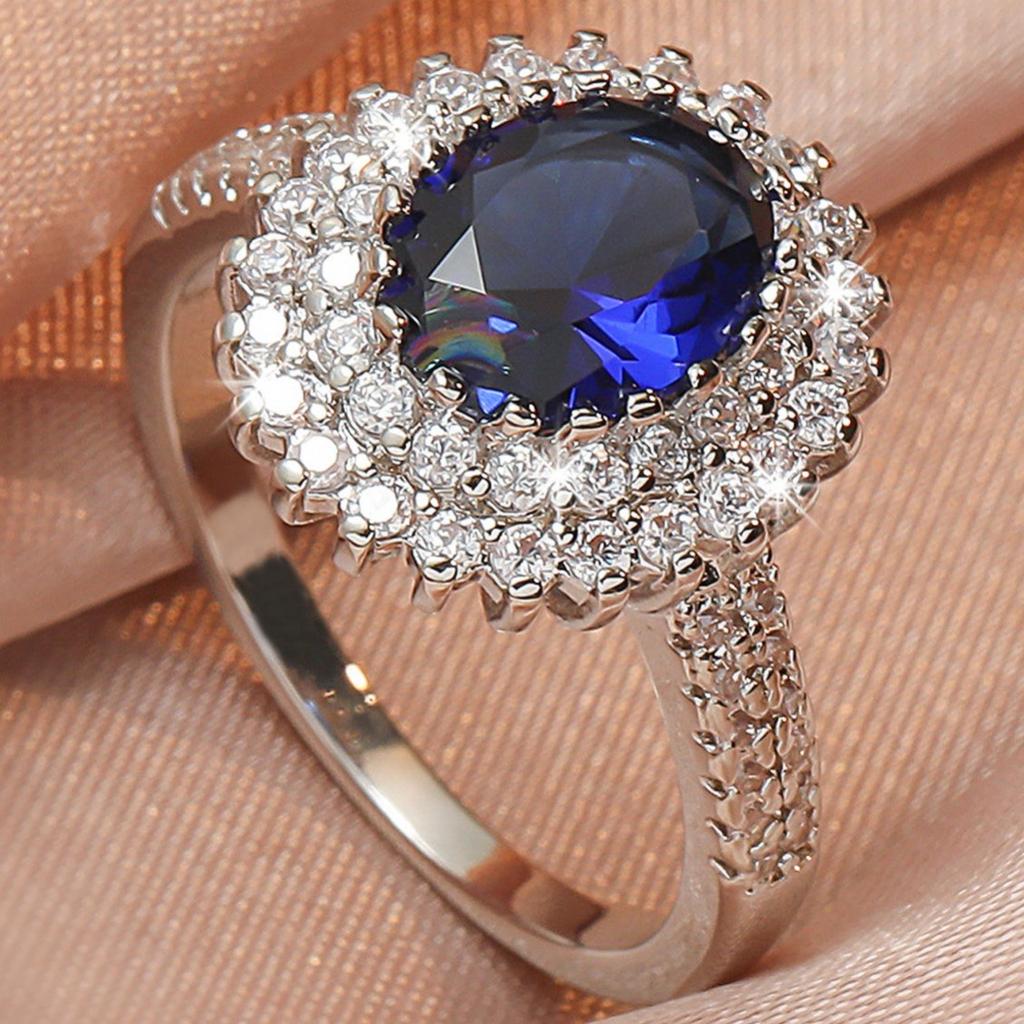 Elegant Women's Blue Glass Zirconia Halo Ring - Sophisticated Copper Wedding Band with Crystal Accents, Ideal for Daily Wear & Gifting, Perfect Valent