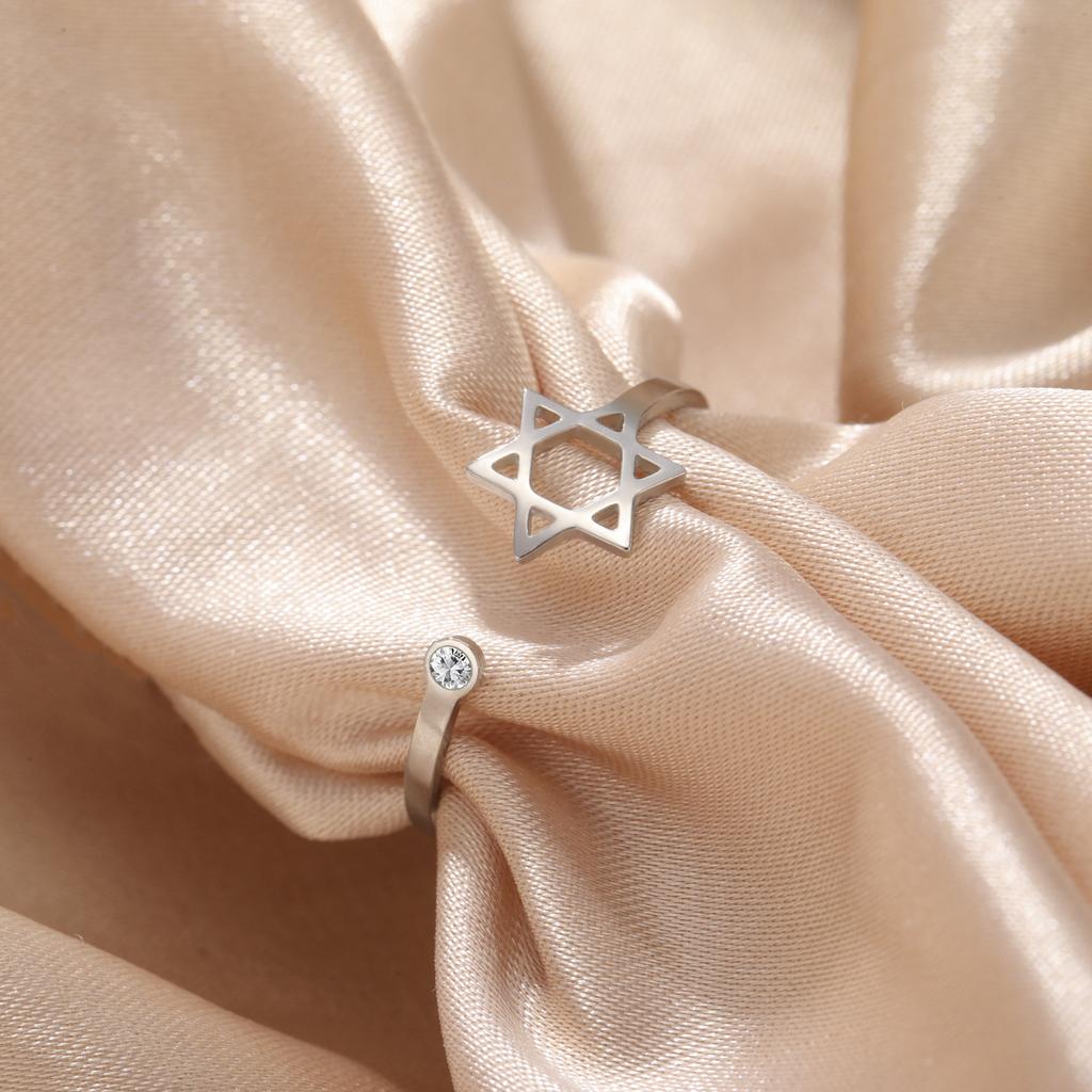 Hexagram Hollow Open Ring With Star Diamond Accents Elegant Versatile Fashion Hand Jewelry