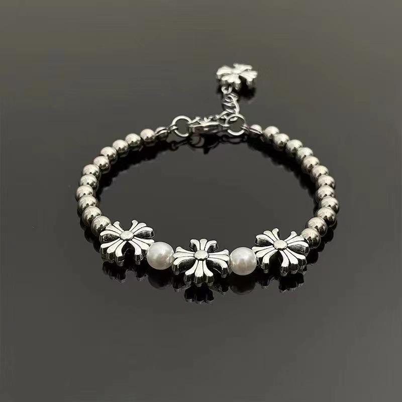 Retro Broken Silver Cross Flower Spliced Couple Bracelet Hip Hop Jewelry