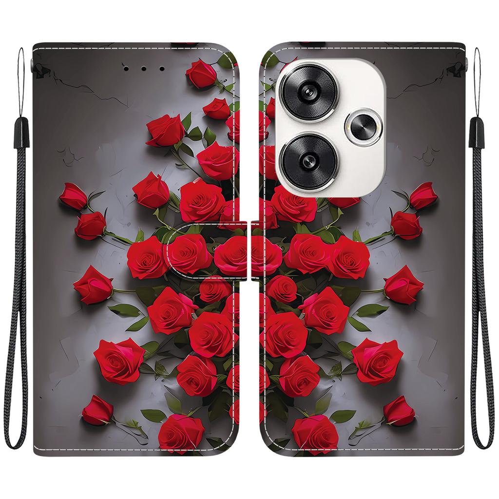 Handmade PU Leather Flip Case for Xiaomi Poco F6 Anti-Slip Shockproof Cover with Wrist Strap & Heart/Rose Cat Designs