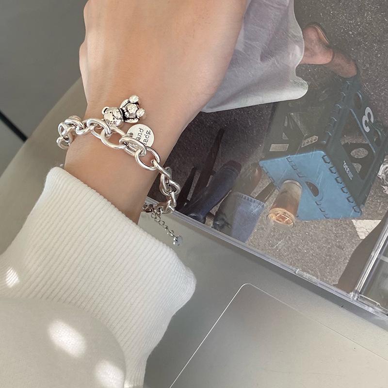 Sterling Silver S925 Silver Bracelet Letter Round Plate Niche Retro Bestie Bracelet Female Cute Korean Version Birthday Gift Bear Bracelet