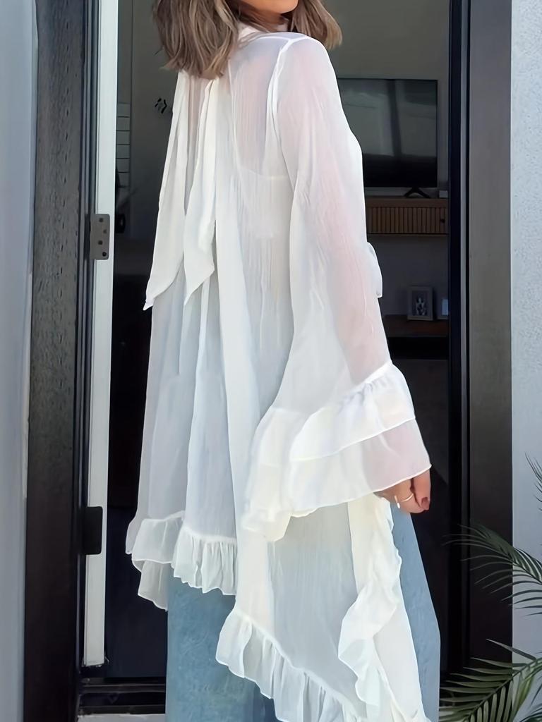 Sexy Träger-Durchsicht-Umhang-Oberteil im europäischen & amerikanischen Stil mit Rüschen-Langarm - Damen Sommer-Überwurf-Top