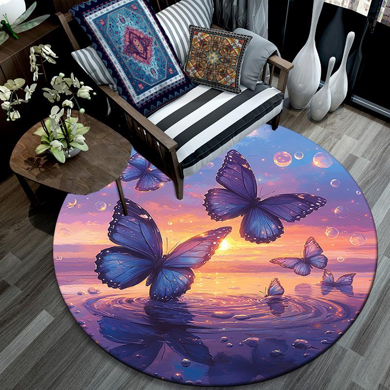 Butterflies Sunset Round Area Rug,Carpet Rug for Living Room Bedroom Sofa Playroom Decor,Non-slip Floor Mat