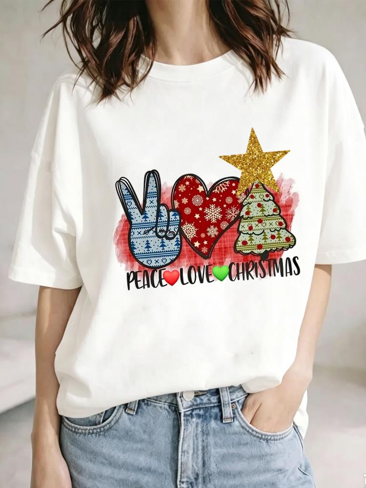 (Asian Size) watercolor sweet cute Christmas Festival Tee Clothing New Year T Shirt Women Fashion Top Print Woman Short Sleeve Graphic T-shirts