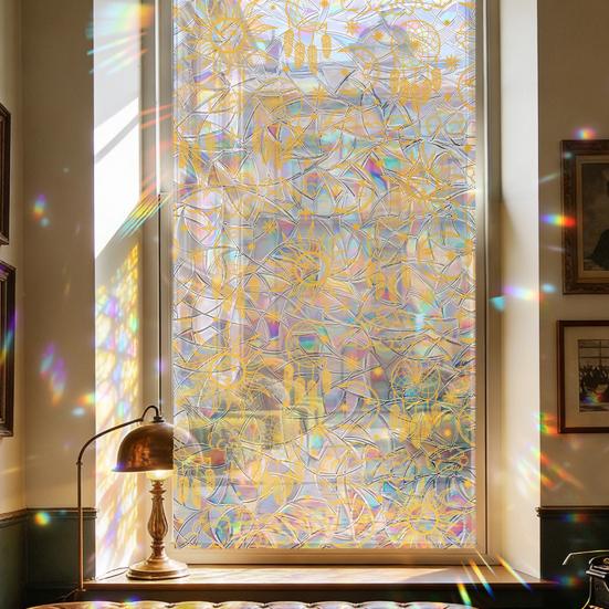 Window Privacy Film, Stained Glass Pattern Decorative Window Sticker, Rainbow Static Cling, Sun Blocking Reusable Decals for Glass Doors, Bedroom