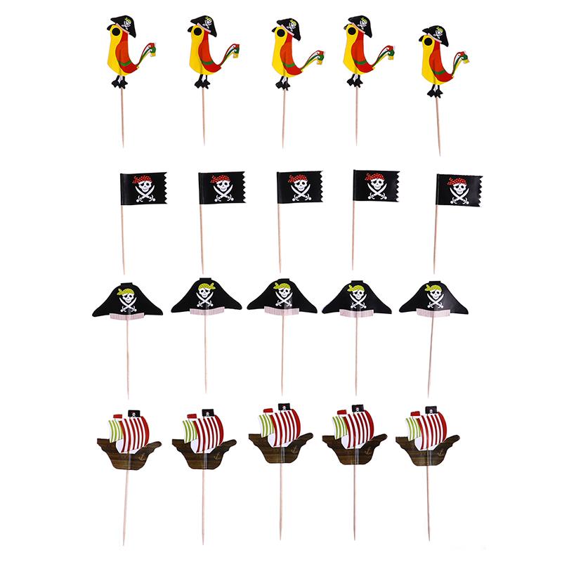 24Pcs Cake Toppers Pirate Theme Fruit Picks Insert Card Halloween Party Decor